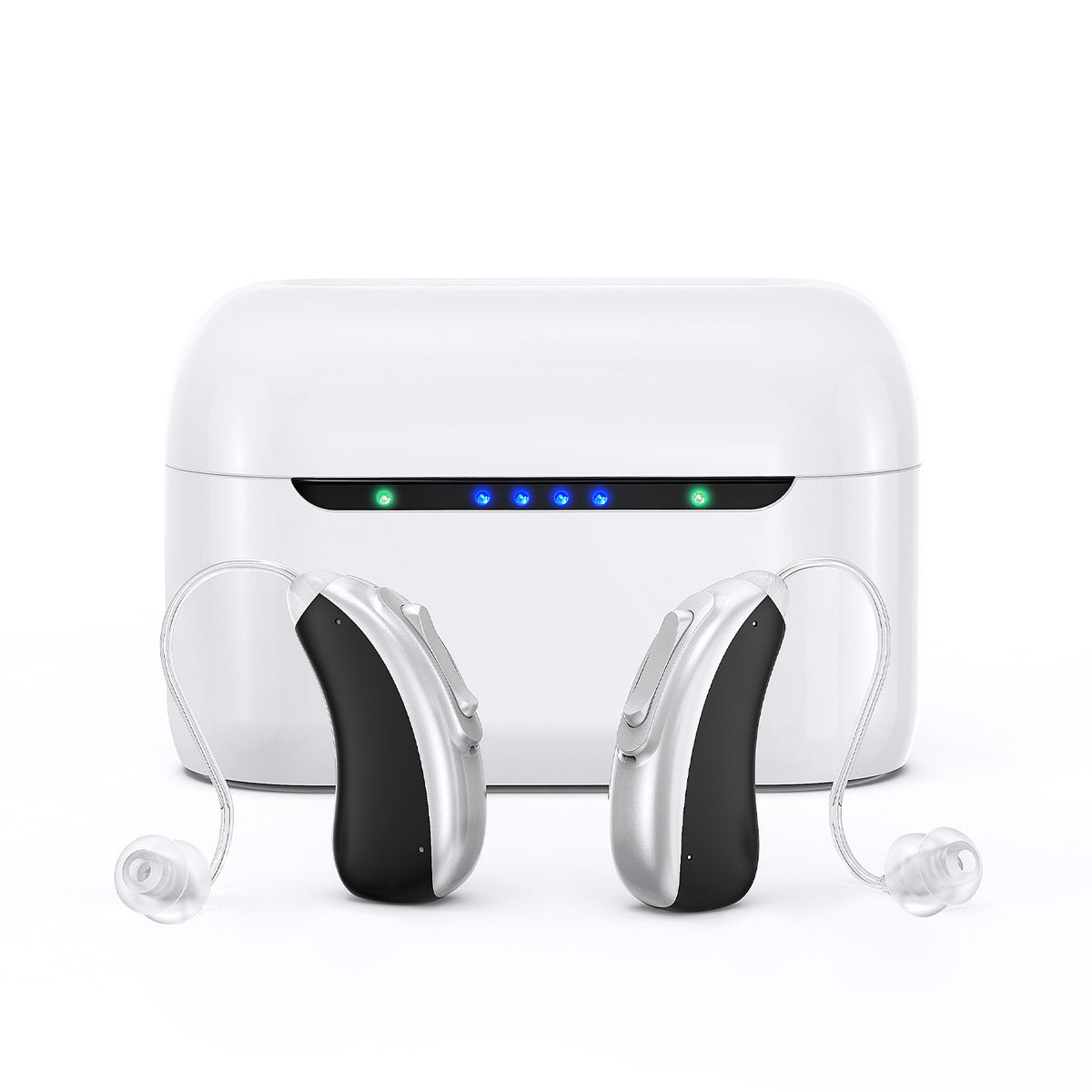 Amplificador auditivo con batería recargable y configuración mediante App móvil.