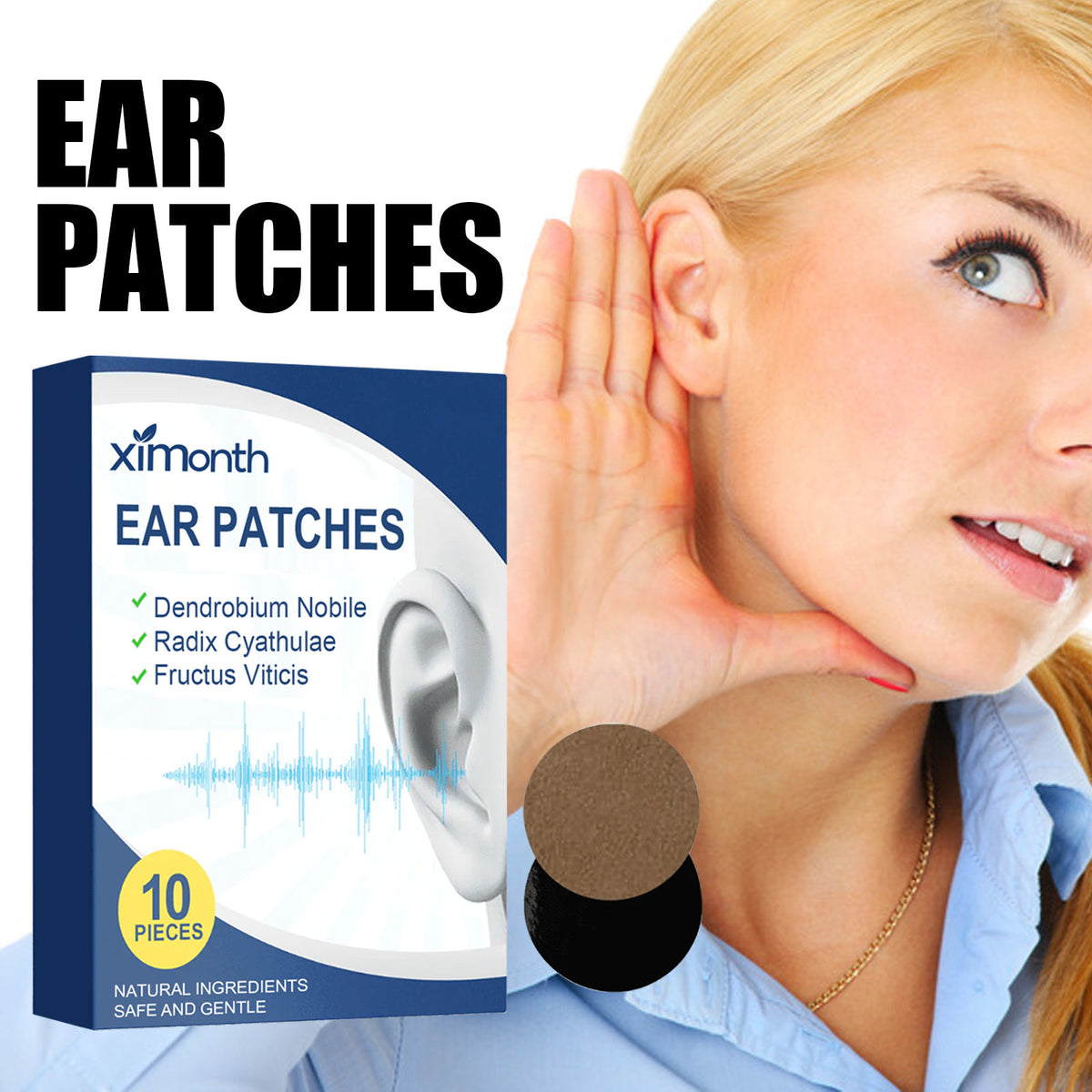 Detalle de los parches adhesivos para el oído. Tinnitus